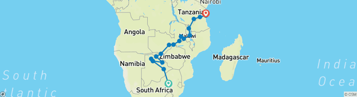 Image of a map showing the route of the tour