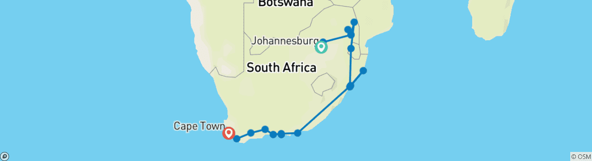 Map of South Africa Odyssey (from Johannesburg to Cape Town)