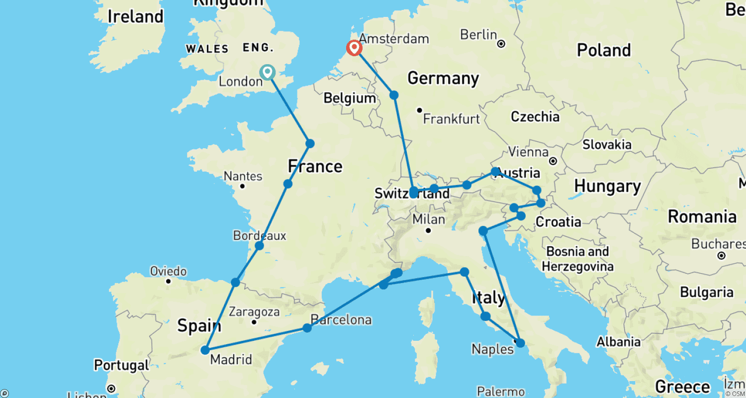 Mapa do percurso de Grandiosidade Europeia (Clássico, Verão, Início em Londres, Fim em Amsterdã, 26 Dias)