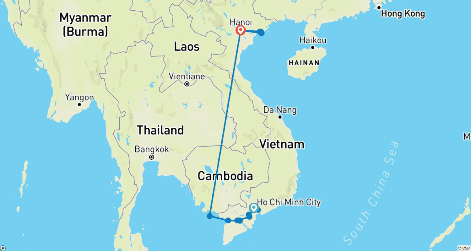 Mapa trasy: 10-dniowy relaks z Ho Chi Minh City do Hanoi z wyspą Phu Quoc i Zatoką Ha Long