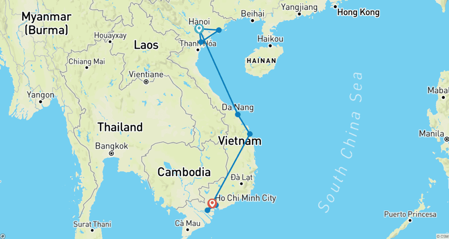 ハノイ発ホーチミン・シティ着 10日間ベトナムツアーのルートマップ