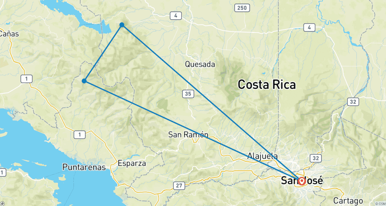 Mapa do percurso de Aventura na Costa Rica