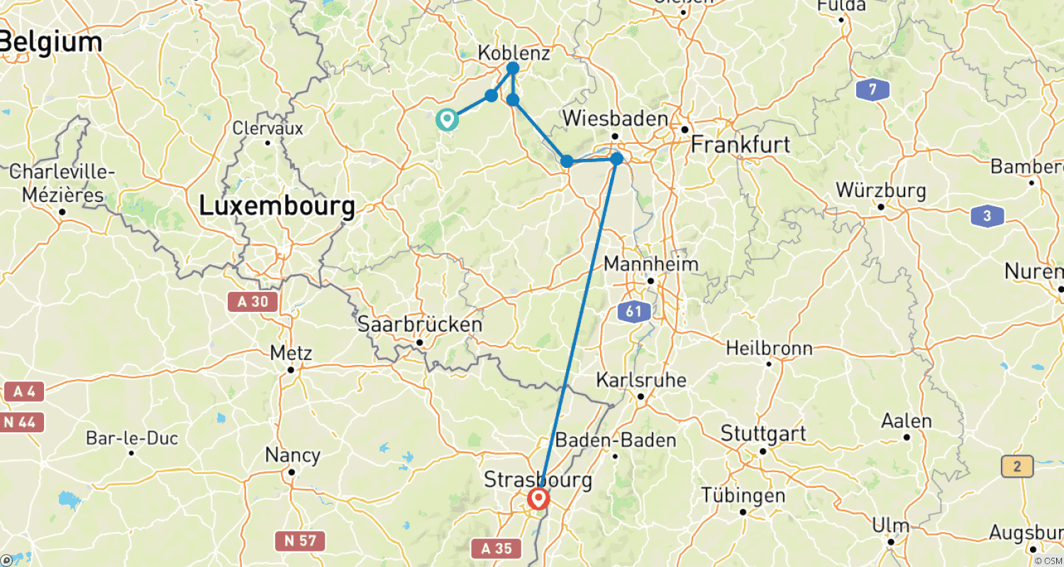 Mapa do percurso de O Reno e o Mosela (cruzeiro de porto a porto)