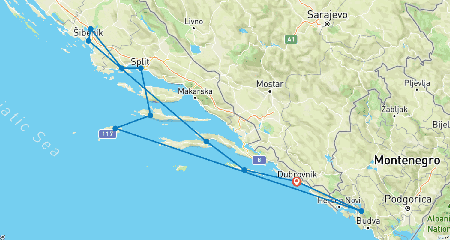 Mapa do percurso de Family Club - Croácia e Montenegro (cruzeiro de porto a porto)