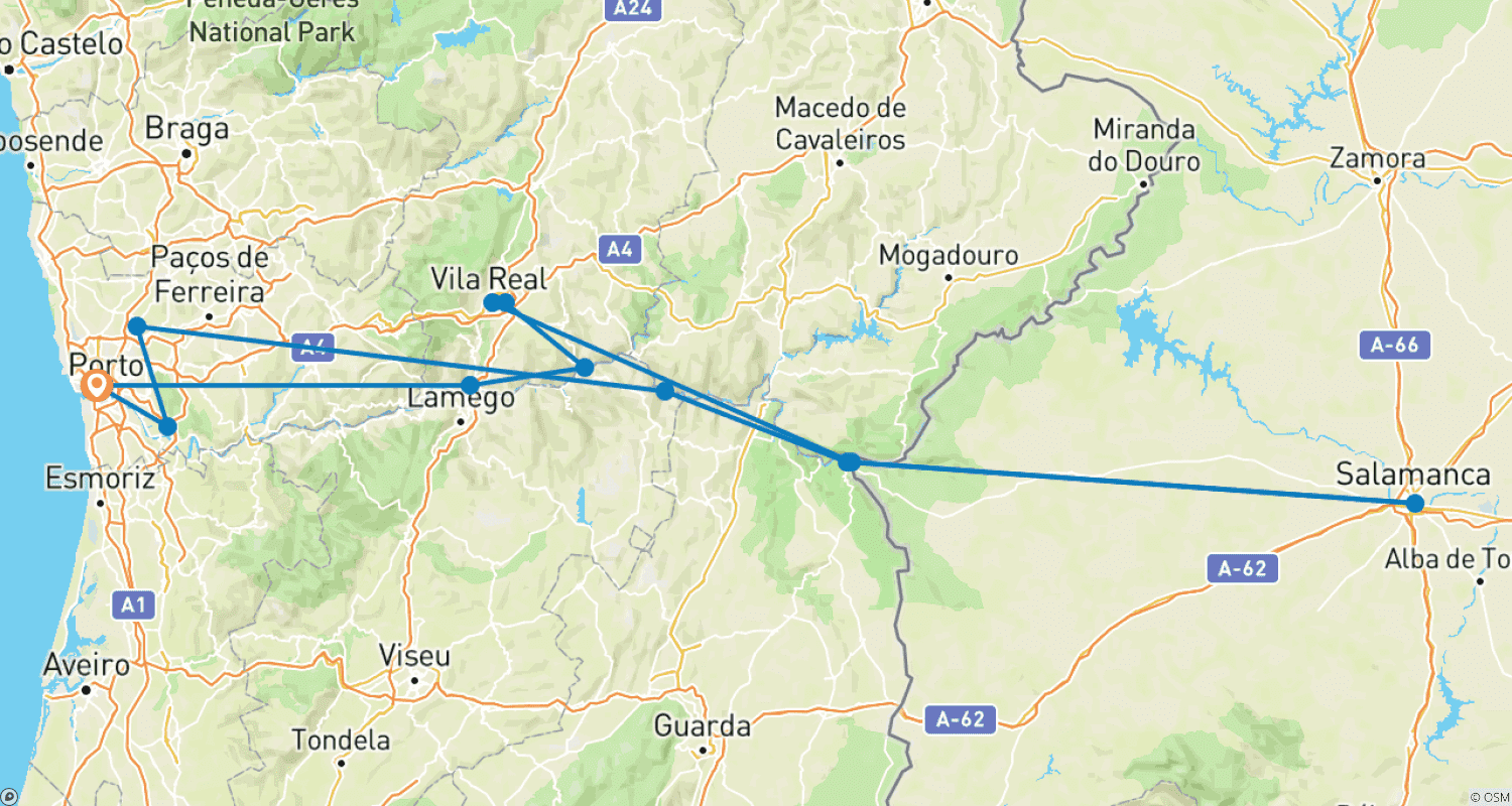 Mapa do percurso de Porto, o Vale do Douro (Portugal) e Salamanca (Espanha)