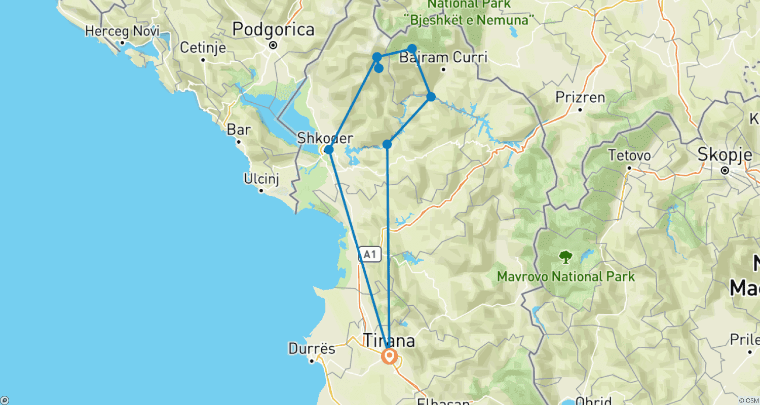 Mapa do percurso de Mini Tour: Parques Nacionais de Theth e Valbone