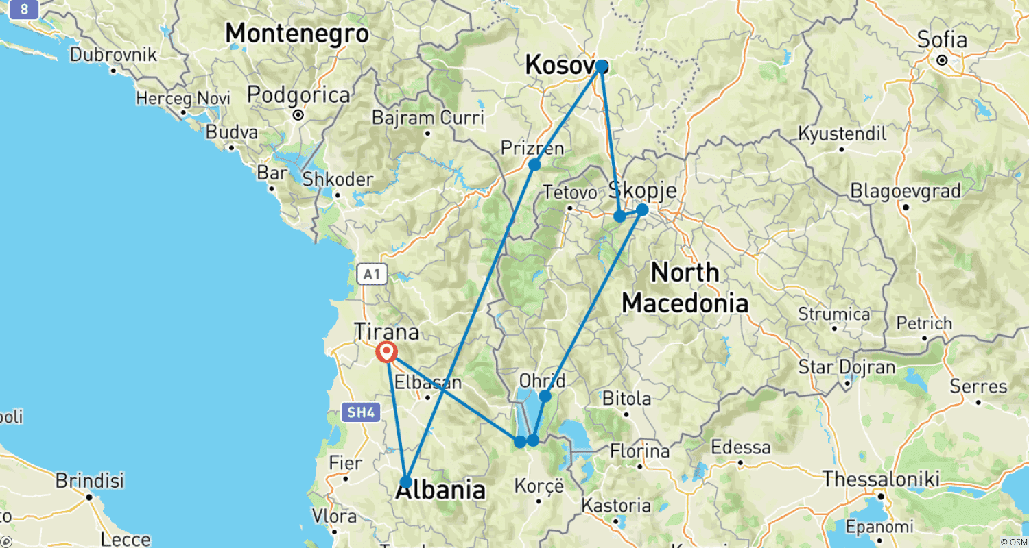 Mapa do percurso de Mini Tour: Kosovo e Macedônia do Norte a partir de Tirana