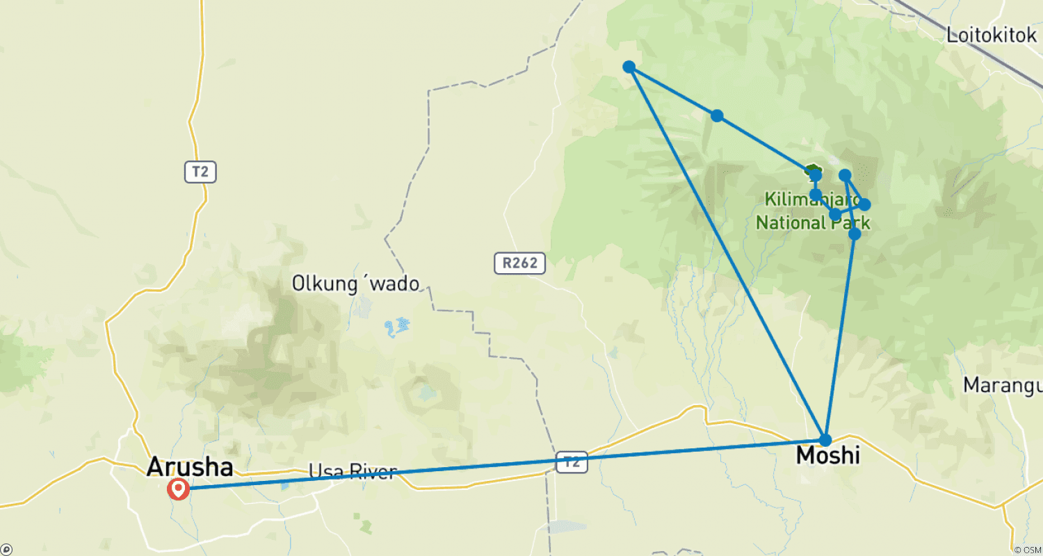 Mapa do percurso de Suba o Kilimanjaro: 8 Dias Rota Lemosho