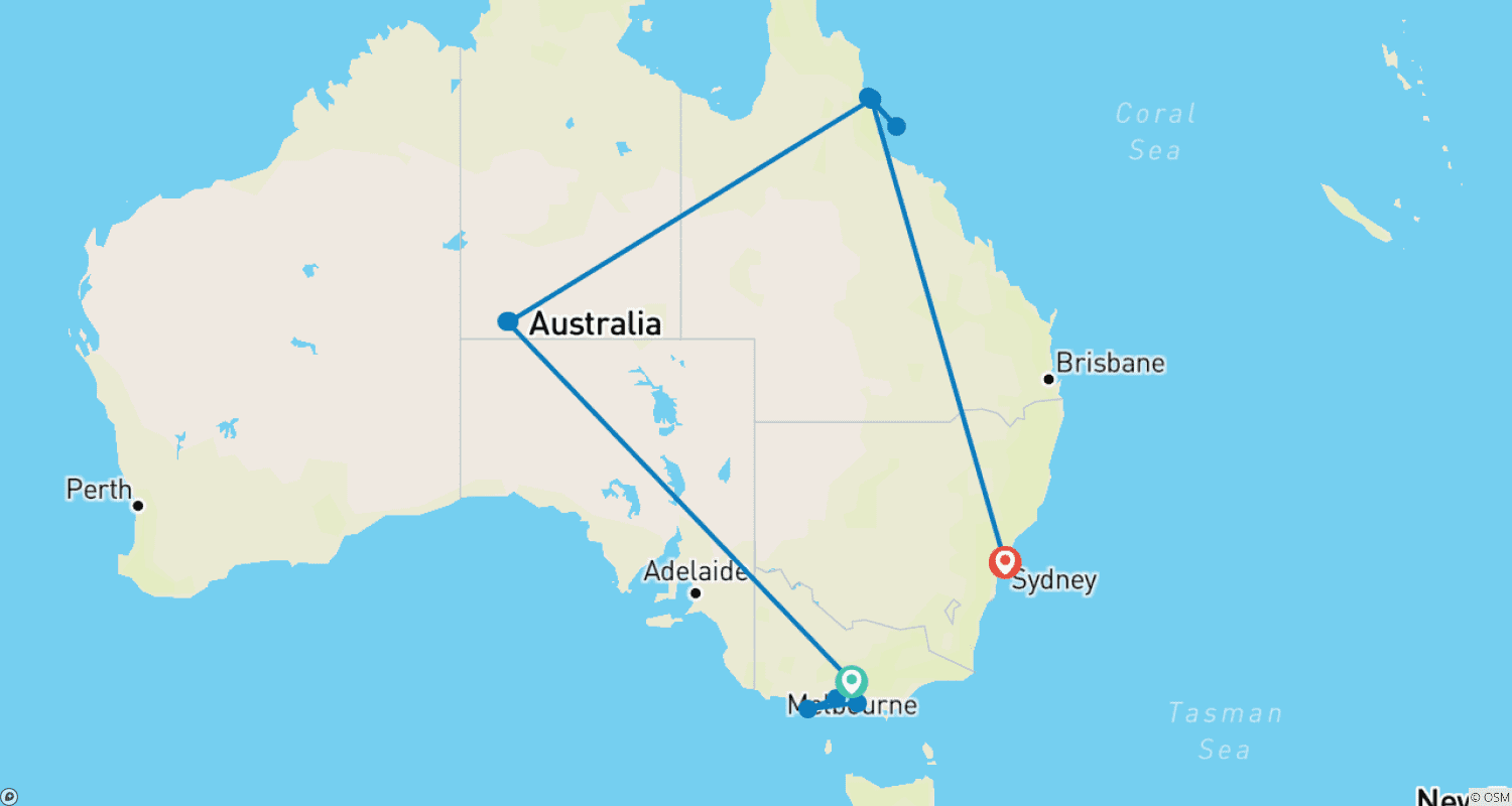 Mapa do percurso de Destaques da Austrália