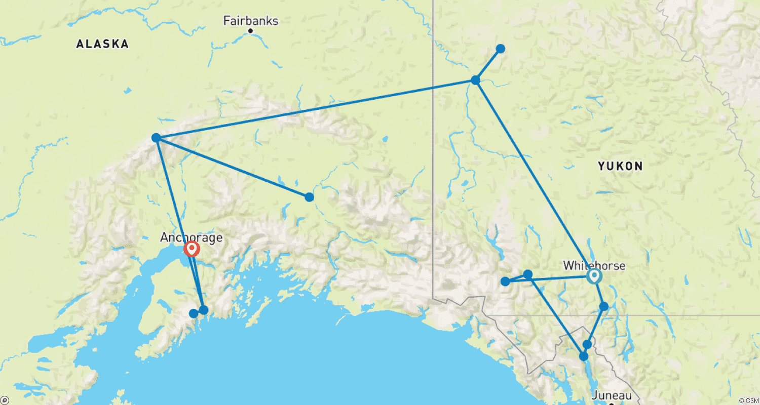 Mapa do percurso de Explorador de Yukon e Alasca