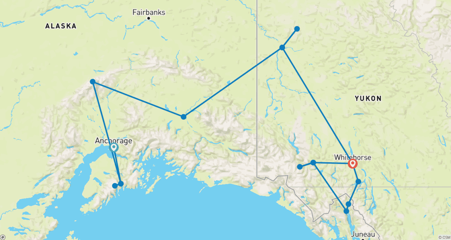 Mapa do percurso de Explorador do Alasca e Yukon