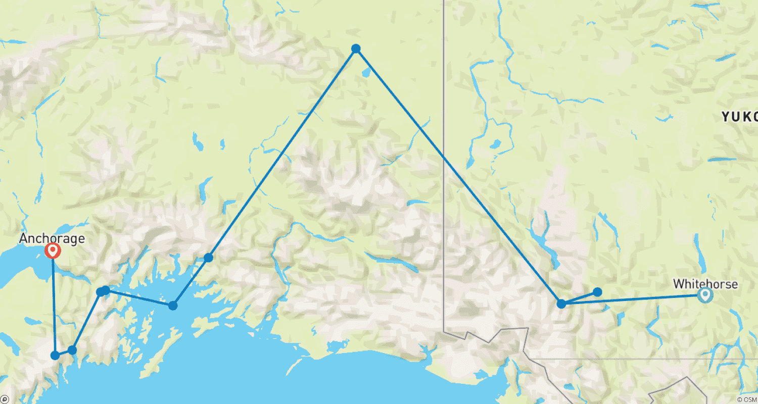 Mapa do percurso de Montanhas da Costa Norte: Excursão Panorâmica de Whitehorse a Anchorage