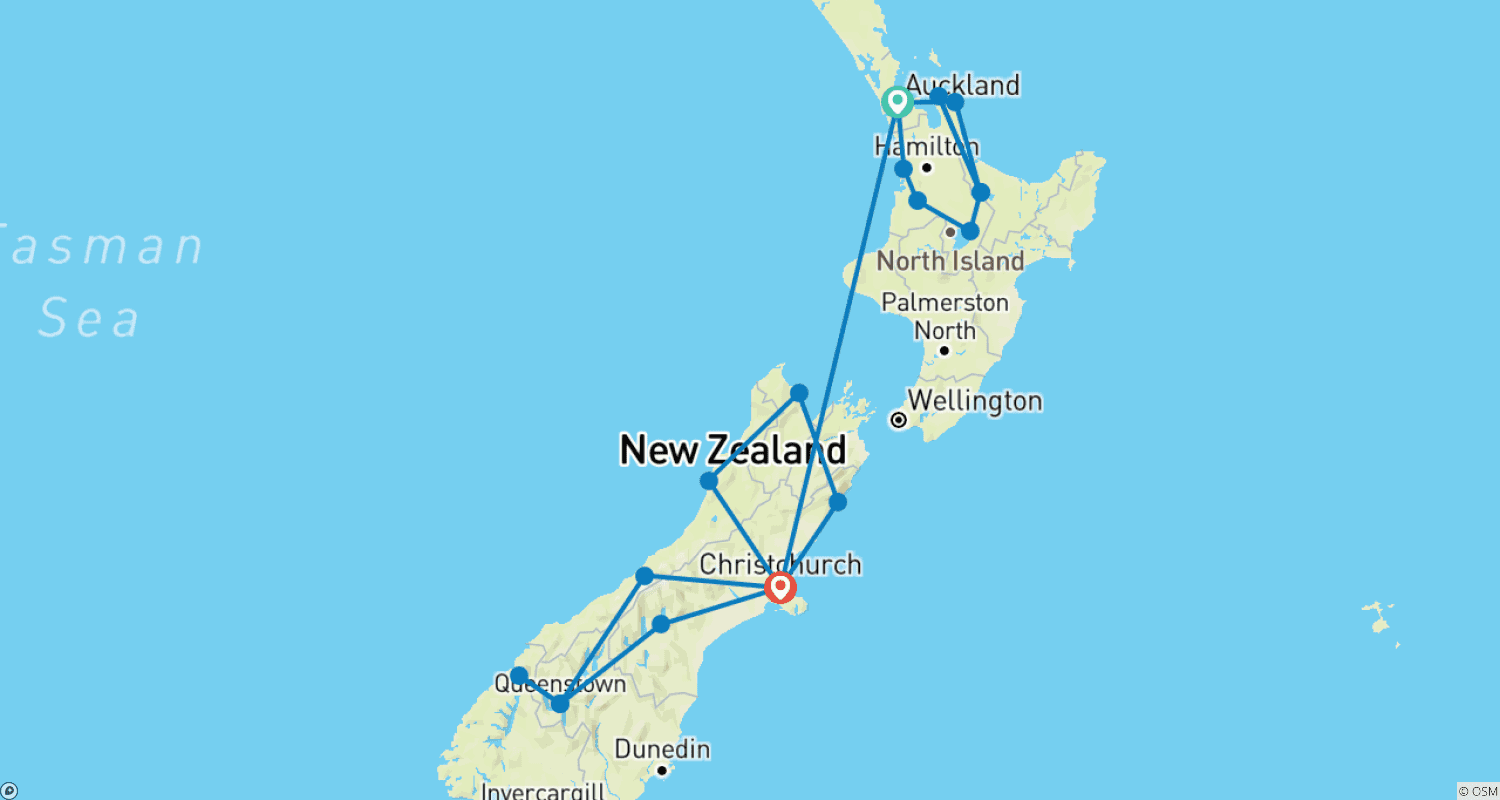 Mapa do percurso de Tour de Descoberta da Nova Zelândia