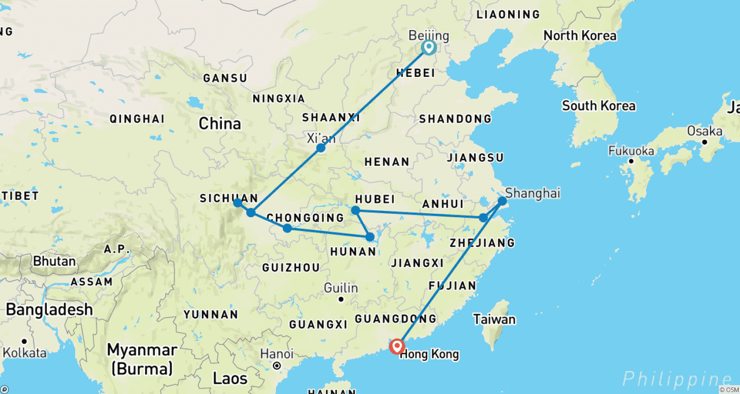 Mapa do percurso de O Melhor da China e do Rio Yangtze com Hong Kong