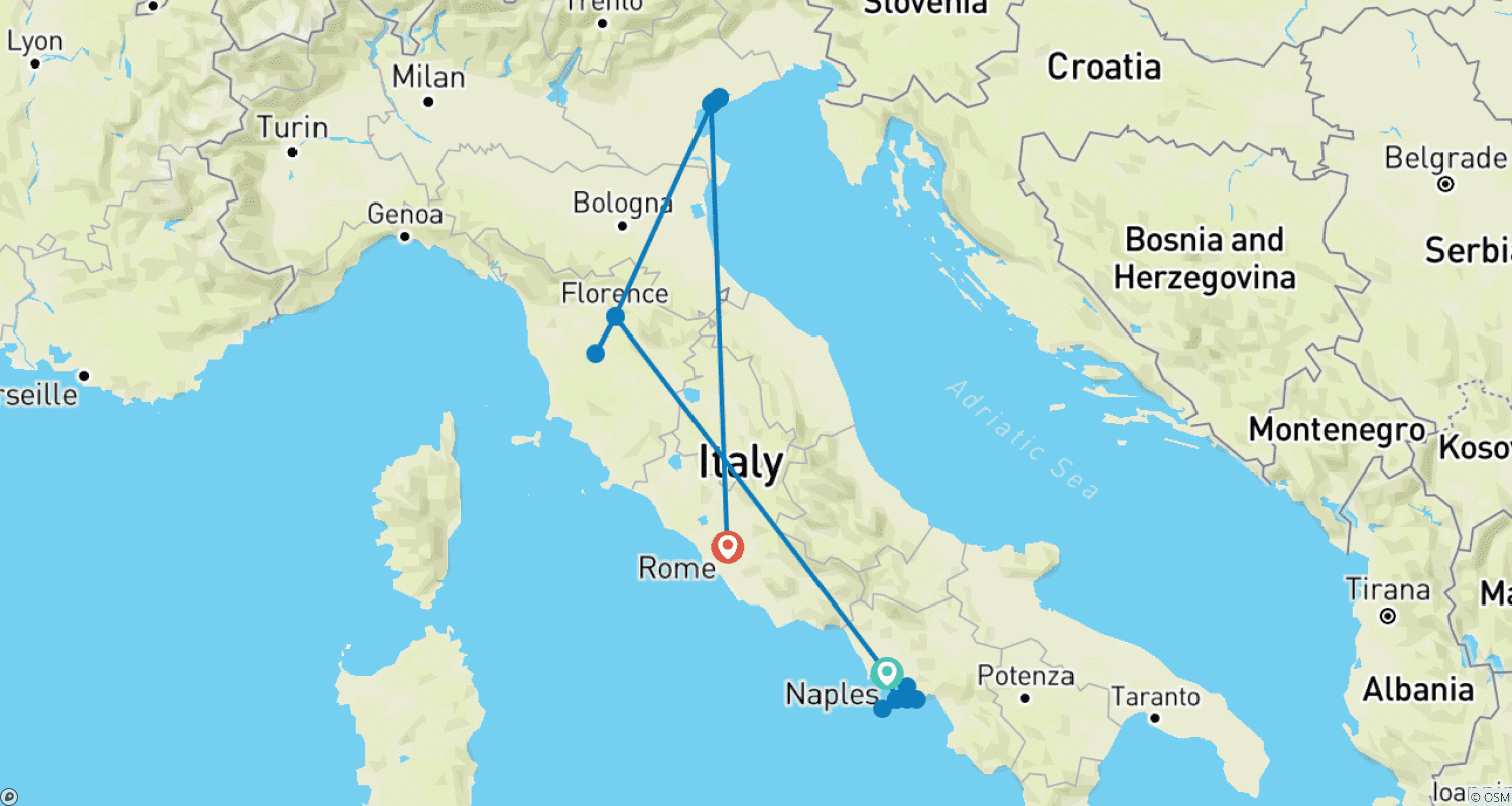Mapa do percurso de Buonasera Itália - Uma Aventura de 10 Dias