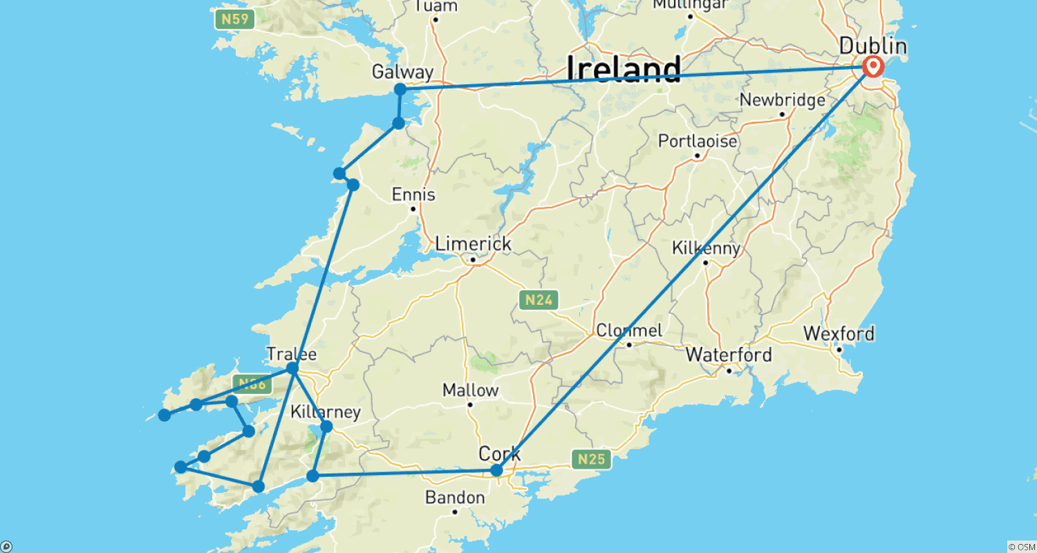 Mapa do percurso de Sul Selvagem - Excursão de Vários Dias para Pequenos Grupos pela Irlanda