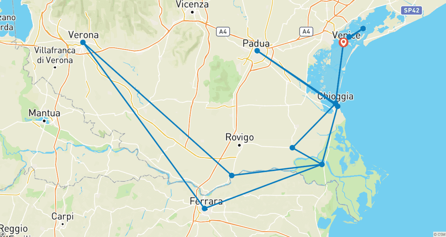 Mapa do percurso de Veneza, a lagoa e o delta do Pó (12 destinos)