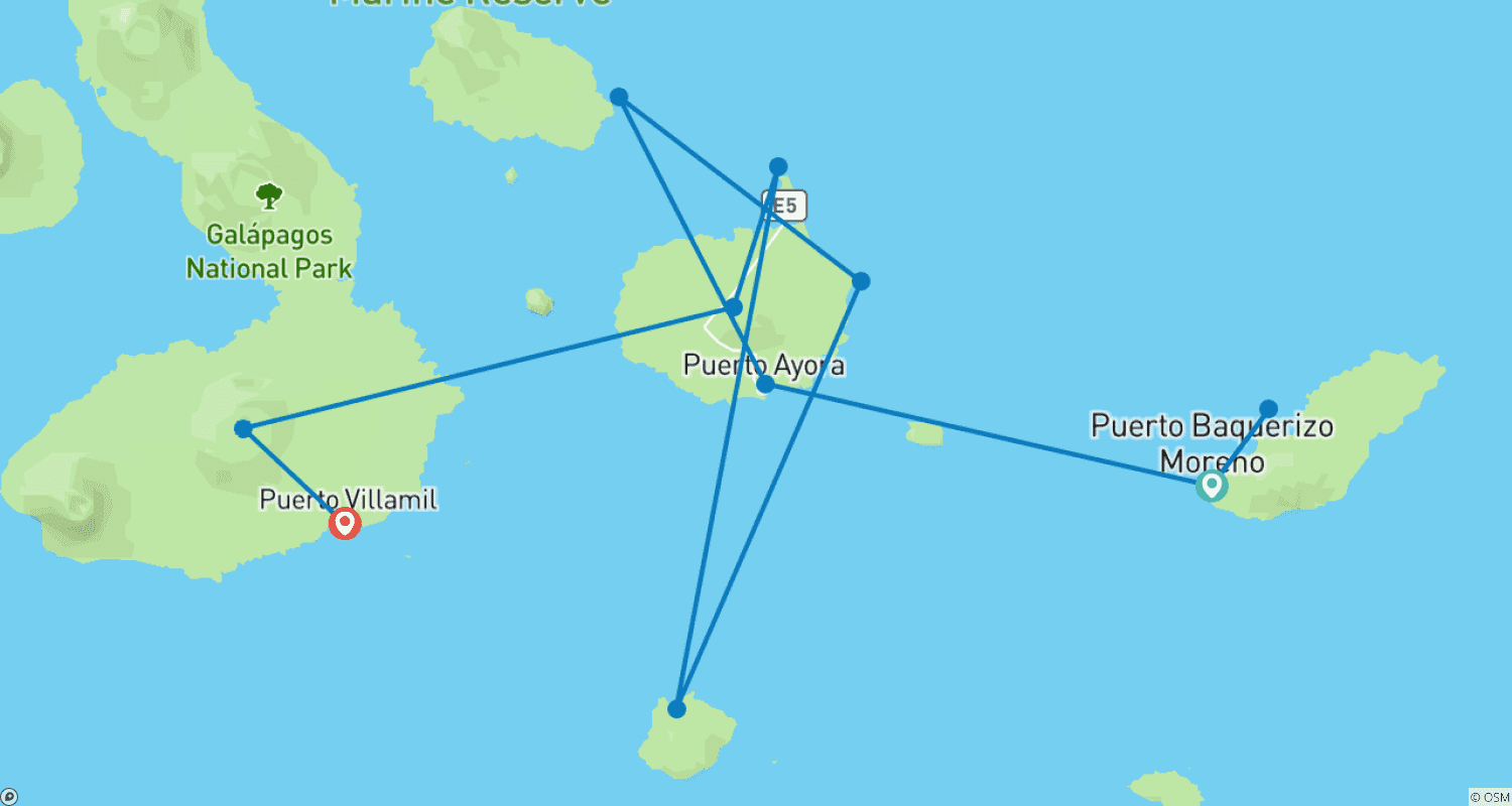 Mapa do percurso de Passeio Completo de Ilha em Ilha em Galápagos de 8 Dias