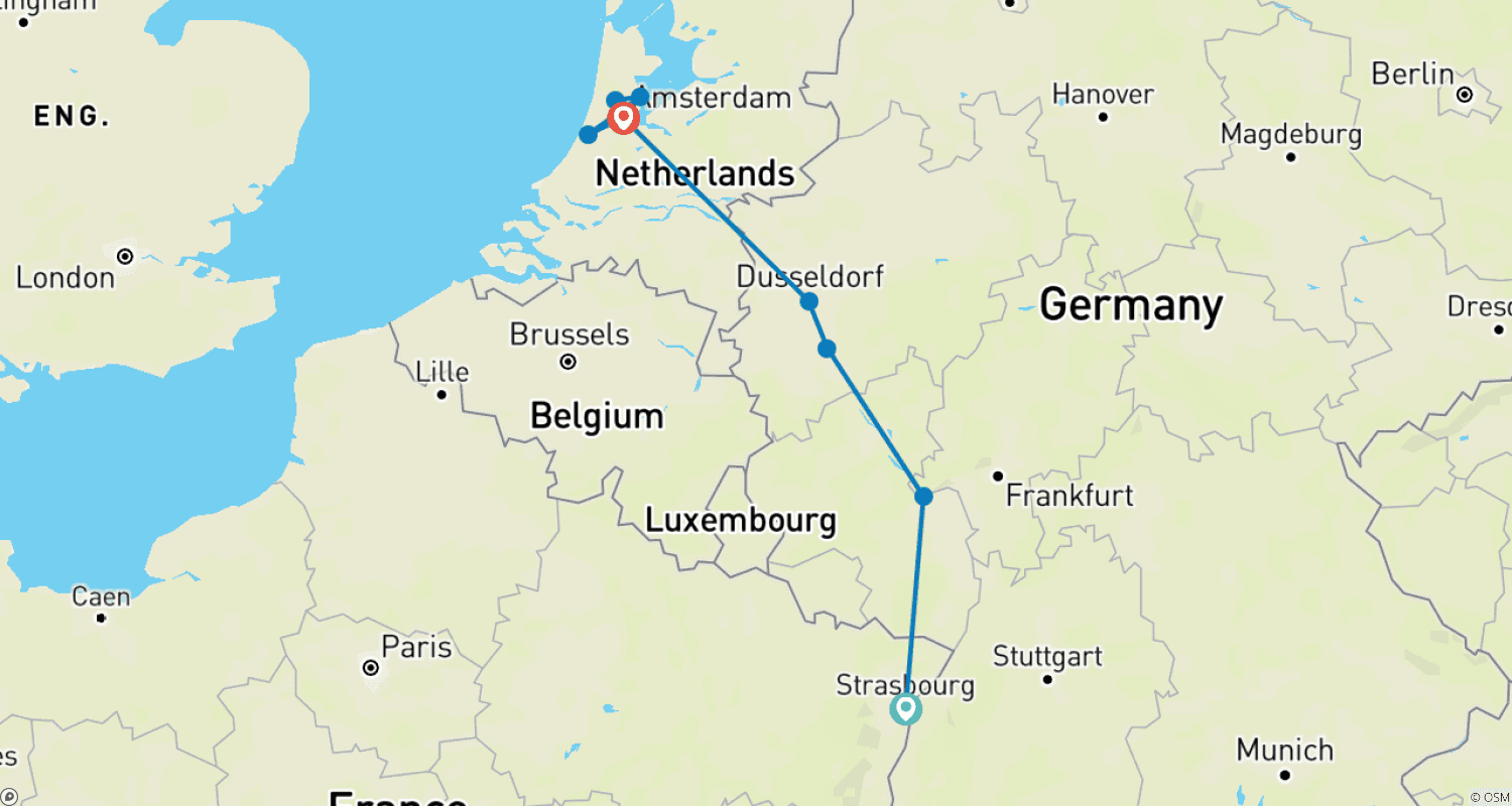 Mapa do percurso de O Vale Romântico do Reno e a Holanda (9 destinos)