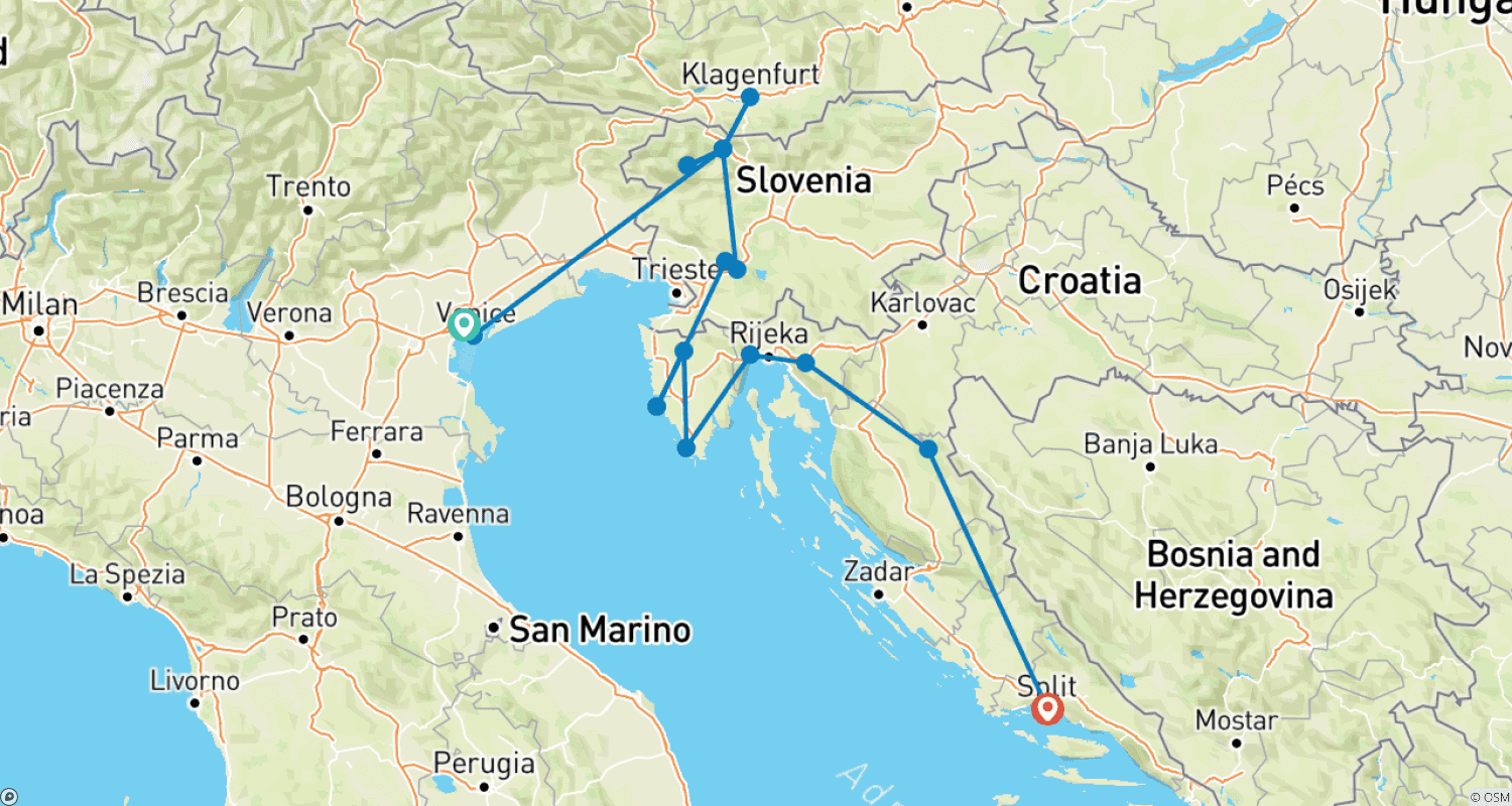 Mapa do percurso de O Melhor da Áustria, Eslovênia e Croácia: Tour de 9 dias saindo de Veneza