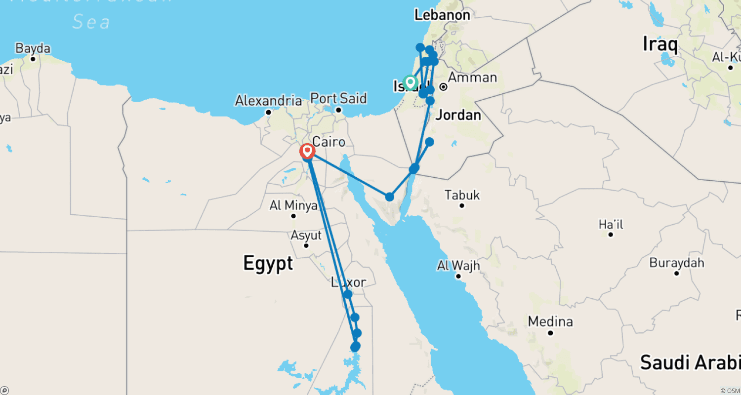 Mapa do percurso de Israel, Jordânia e Egito em 20 dias