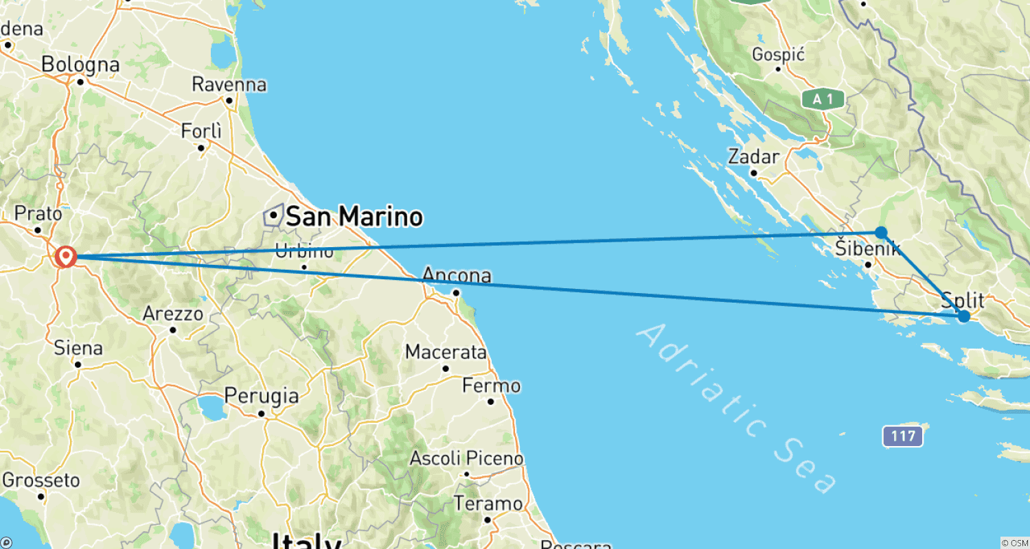 Mapa do percurso de De Florença para a Croácia