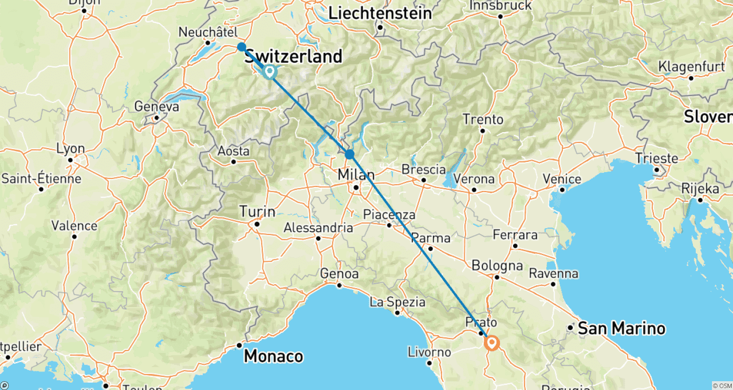 Mapa trasy: Florencja do Interlaken i Jeziora Como