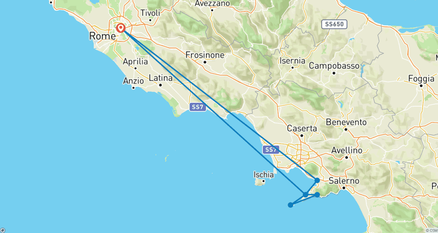 Mapa do percurso de De Roma à Costa Amalfitana