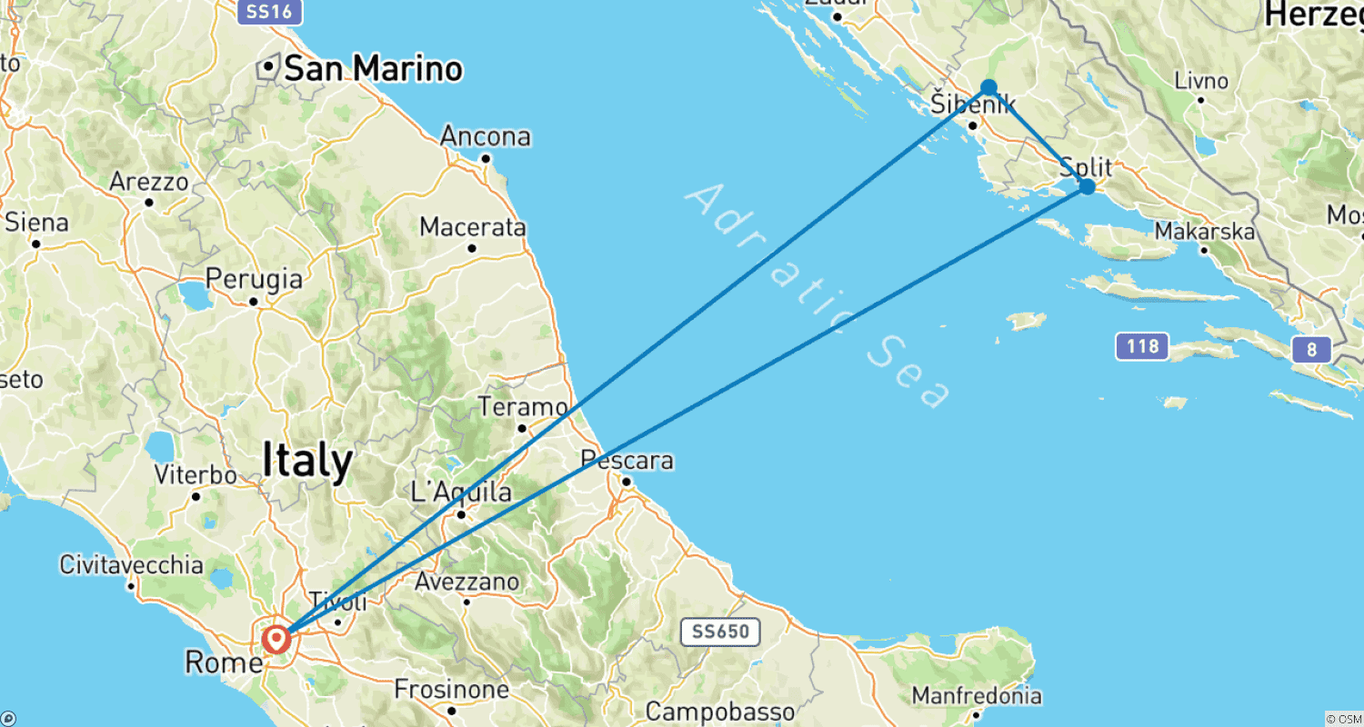 Mapa trasy: Z Rzymu do Chorwacji