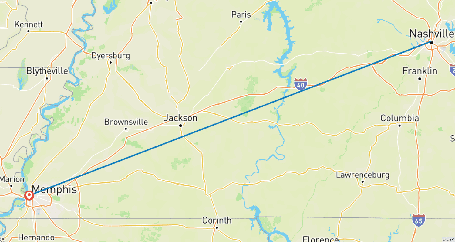 Mapa do percurso de Music Cities: Nashville & Memphis