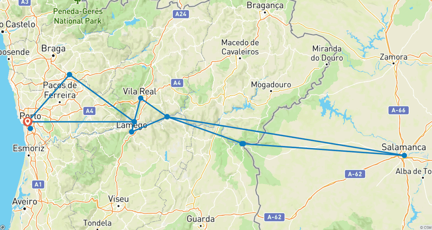 Mapa do percurso de Family Club: De Portugal a Espanha, Porto, o Vale do Douro e Salamanca