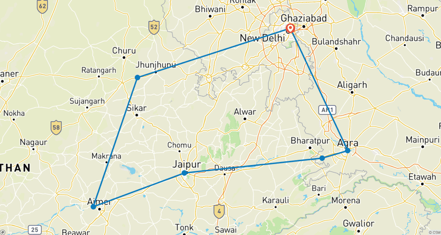 Mapa do percurso de Golden Triangle India Tour with Pushkar & Mandawa