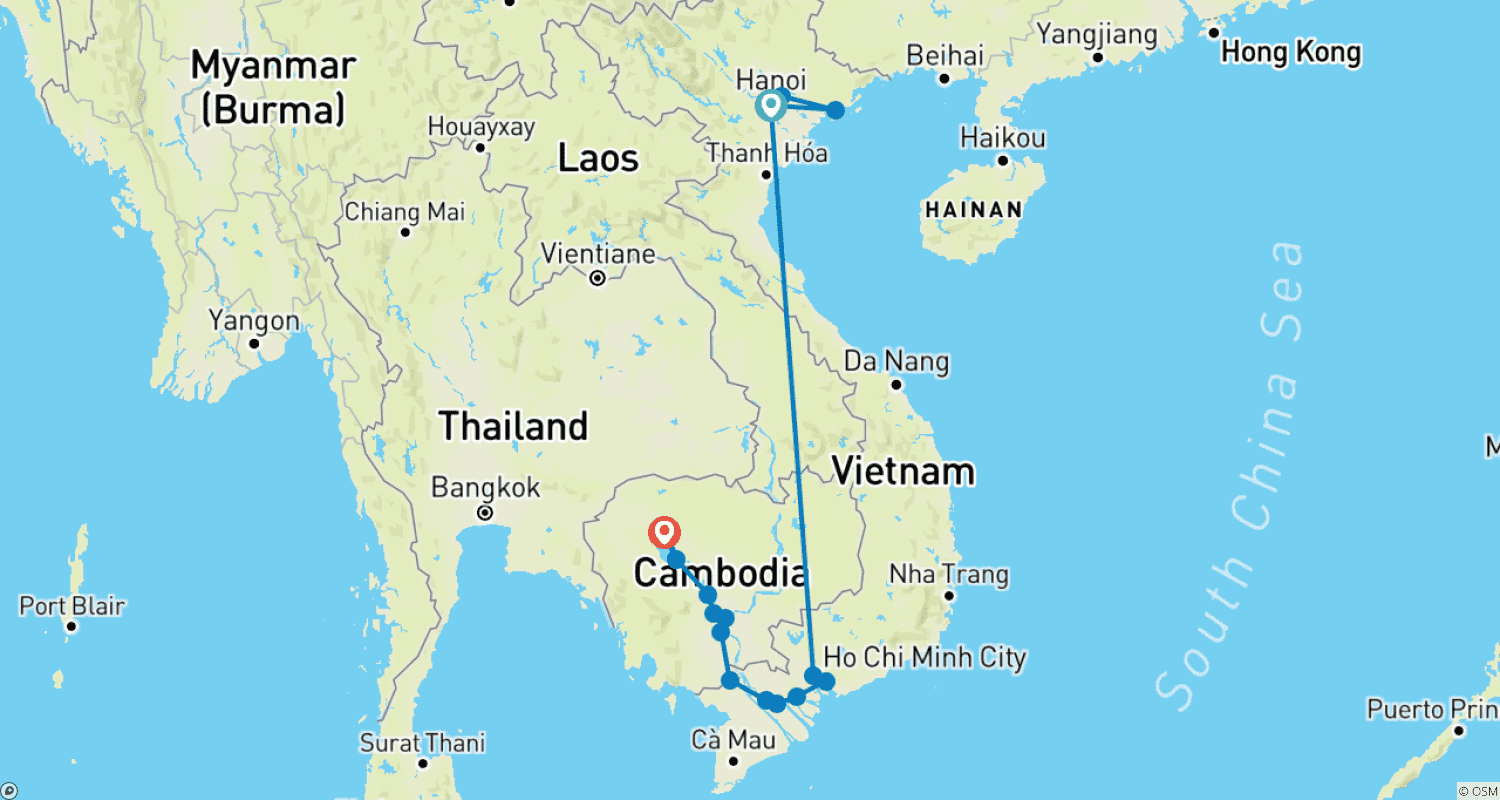 Mapa do percurso de Do Delta do Mekong aos Templos de Angkor e Hanói e Baía de Halong (cruzeiro de porto a porto)