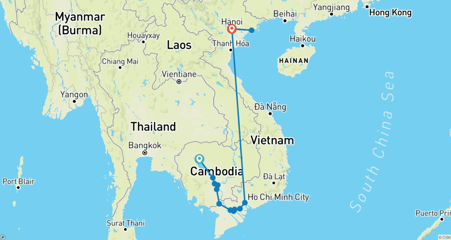 アンコール遺跡群からメコンデルタ、ハノイ、ハロン湾へ（港から港へのクルーズ）（14の目的地）のルートマップ