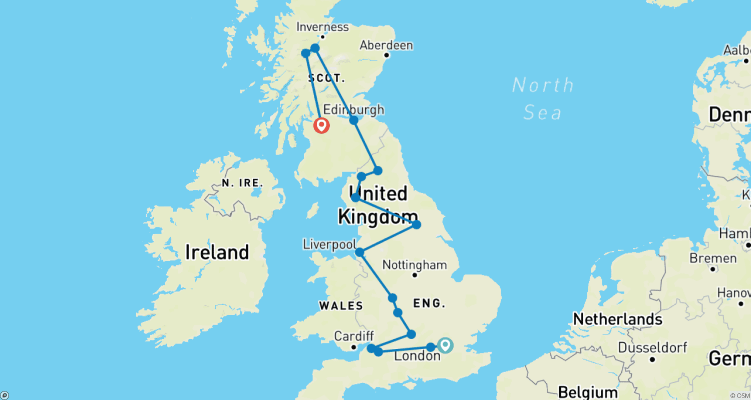Mapa do percurso de Inglaterra e Escócia (Clássico, Verão, Fim em Glasgow)