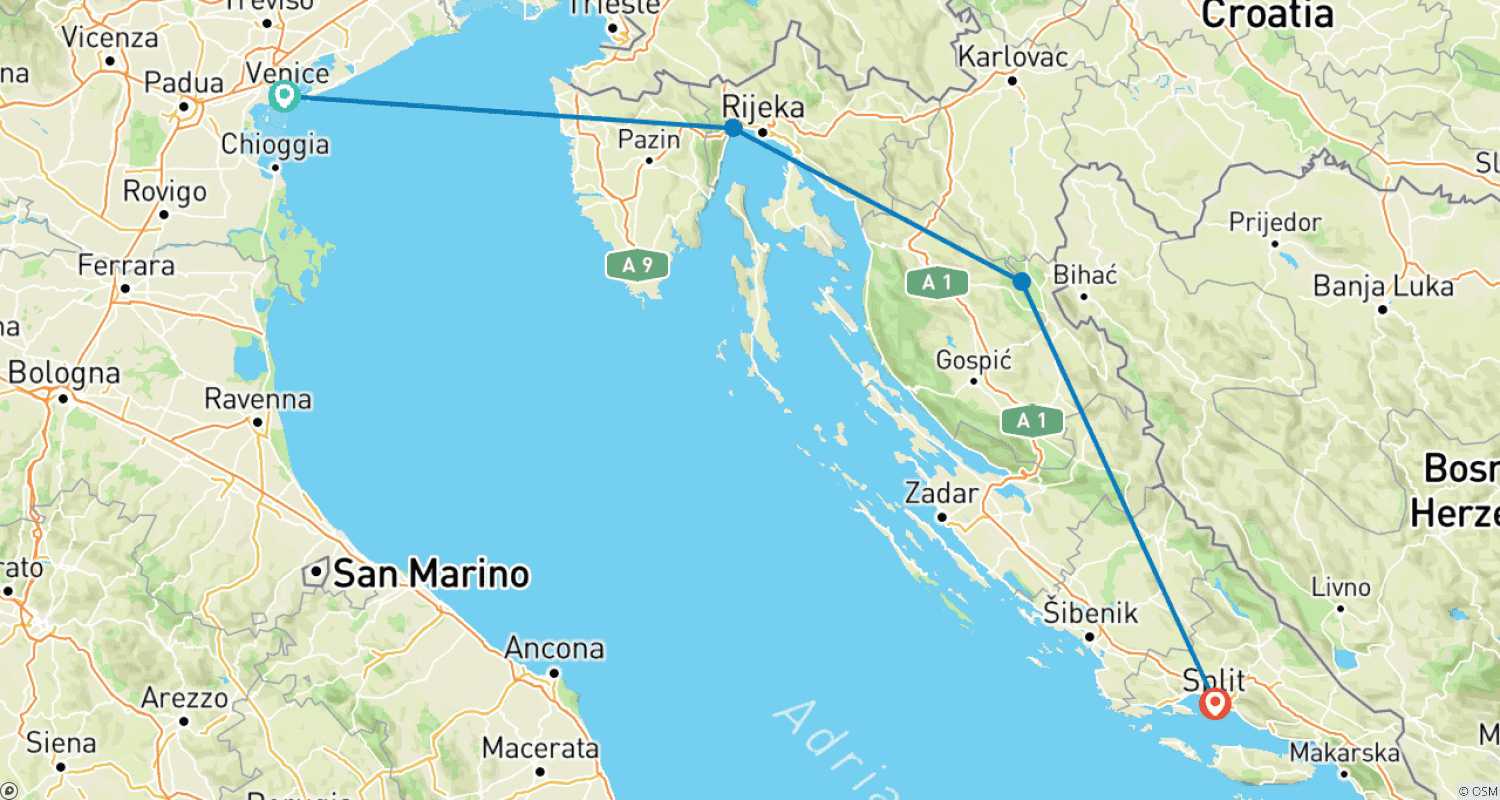 Mapa do percurso de Veneza a Split Expresso - 4 dias 3 noites