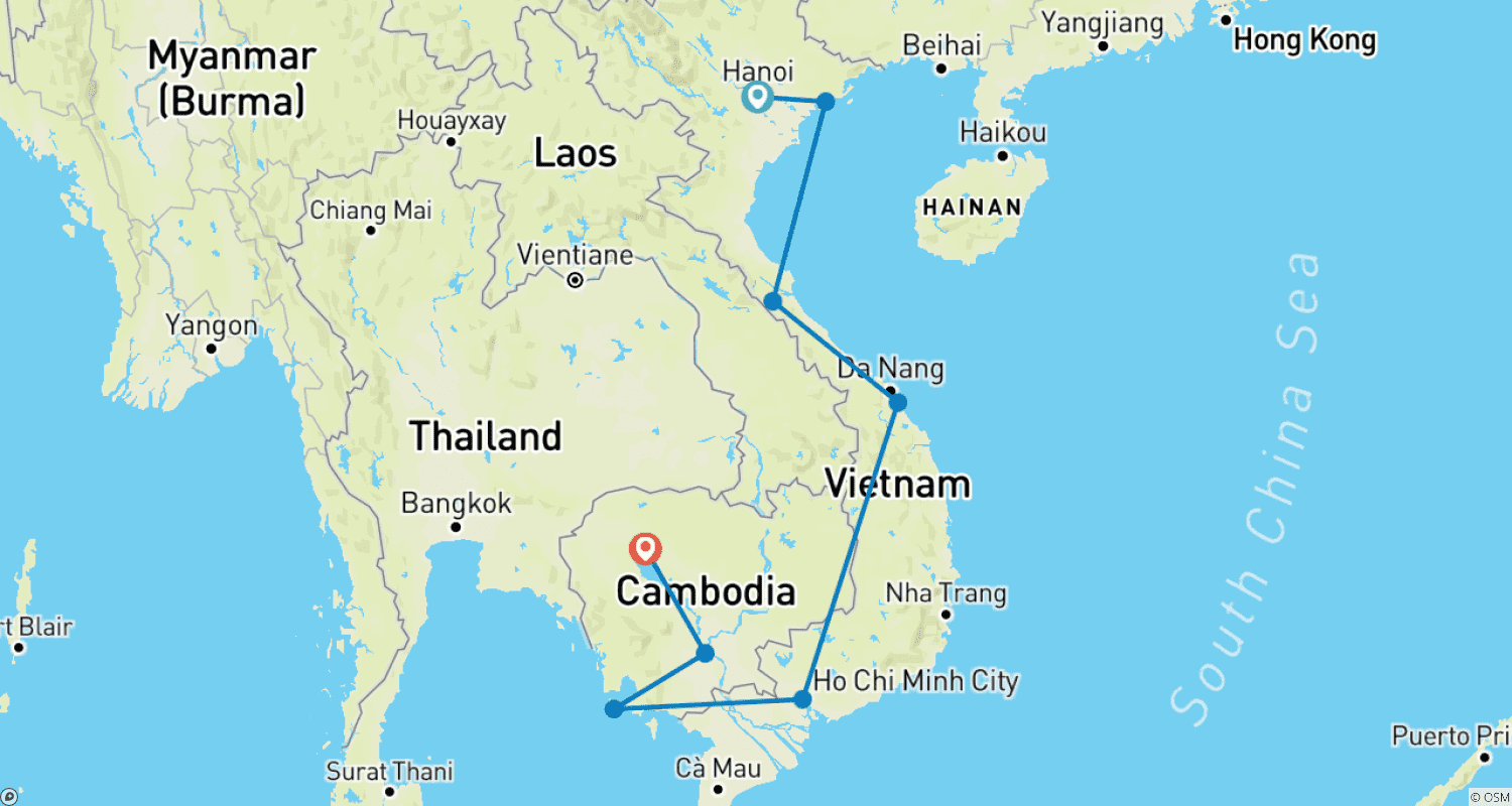 Mapa do percurso de 20 Dias do Vietnã ao Camboja: Hanói, Baía de Ha Long, Hoi An, Cidade de Ho Chi Minh e Angkor Wat