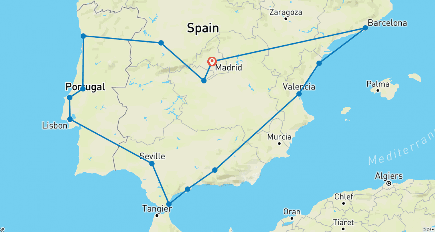 Mapa do percurso de O Melhor de Espanha e Portugal (Clássico, Verão, Fim em Madri, 15 Dias)