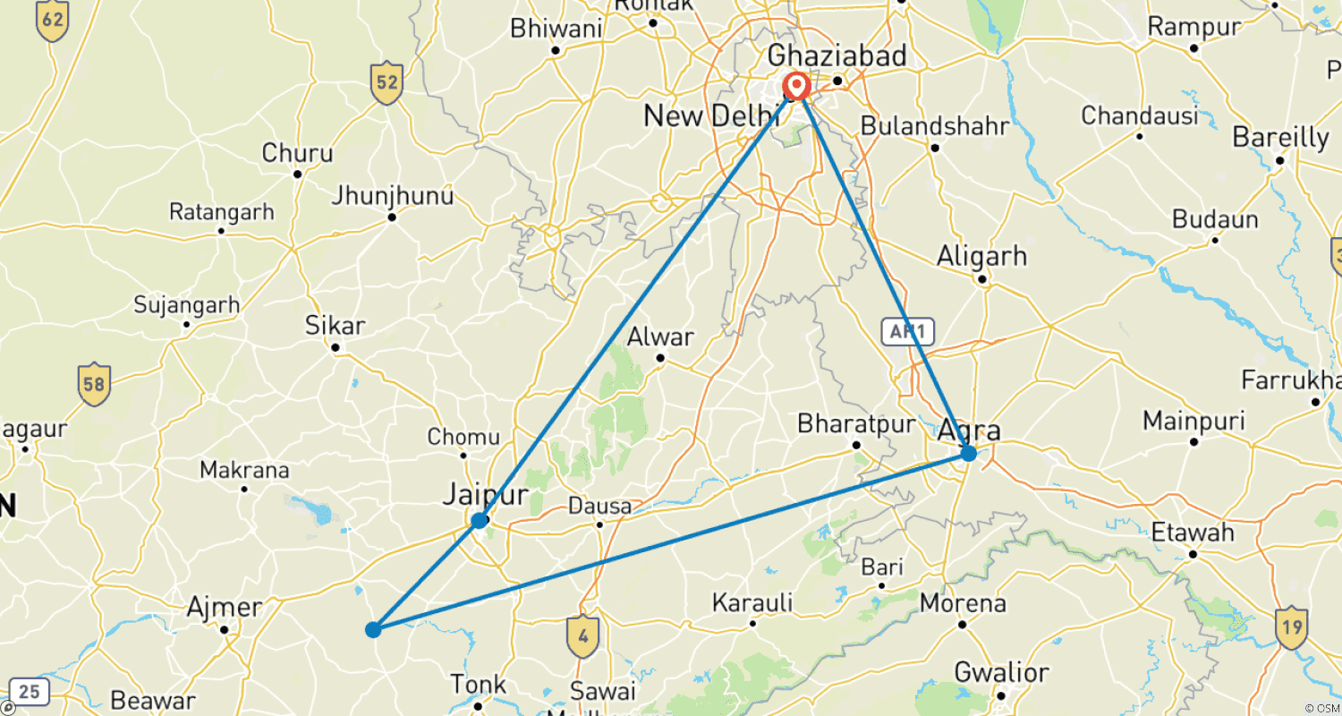 Mapa do percurso de Excursão Triângulo Dourado com Estadia Real em Forte