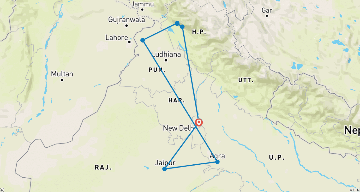 Mapa do percurso de Aventura Voluntária na Índia