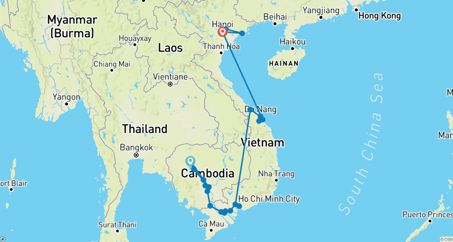 Mapa trasy: From the Temples of Angkor to the Mekong Delta & The Imperial Cities (port-to-port cruise)