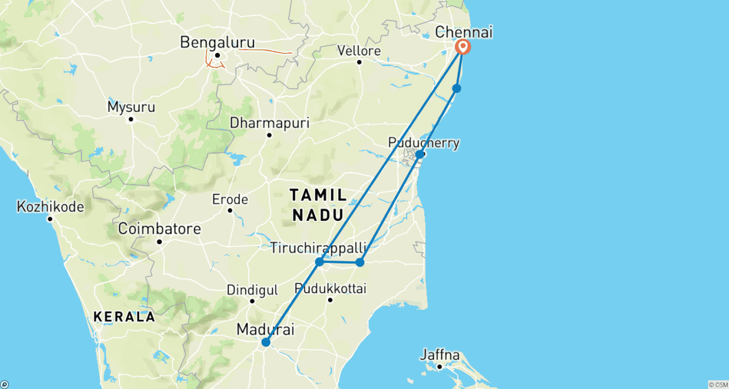 Mapa do percurso de Destaques de Tamil Nadu - Sul da Índia