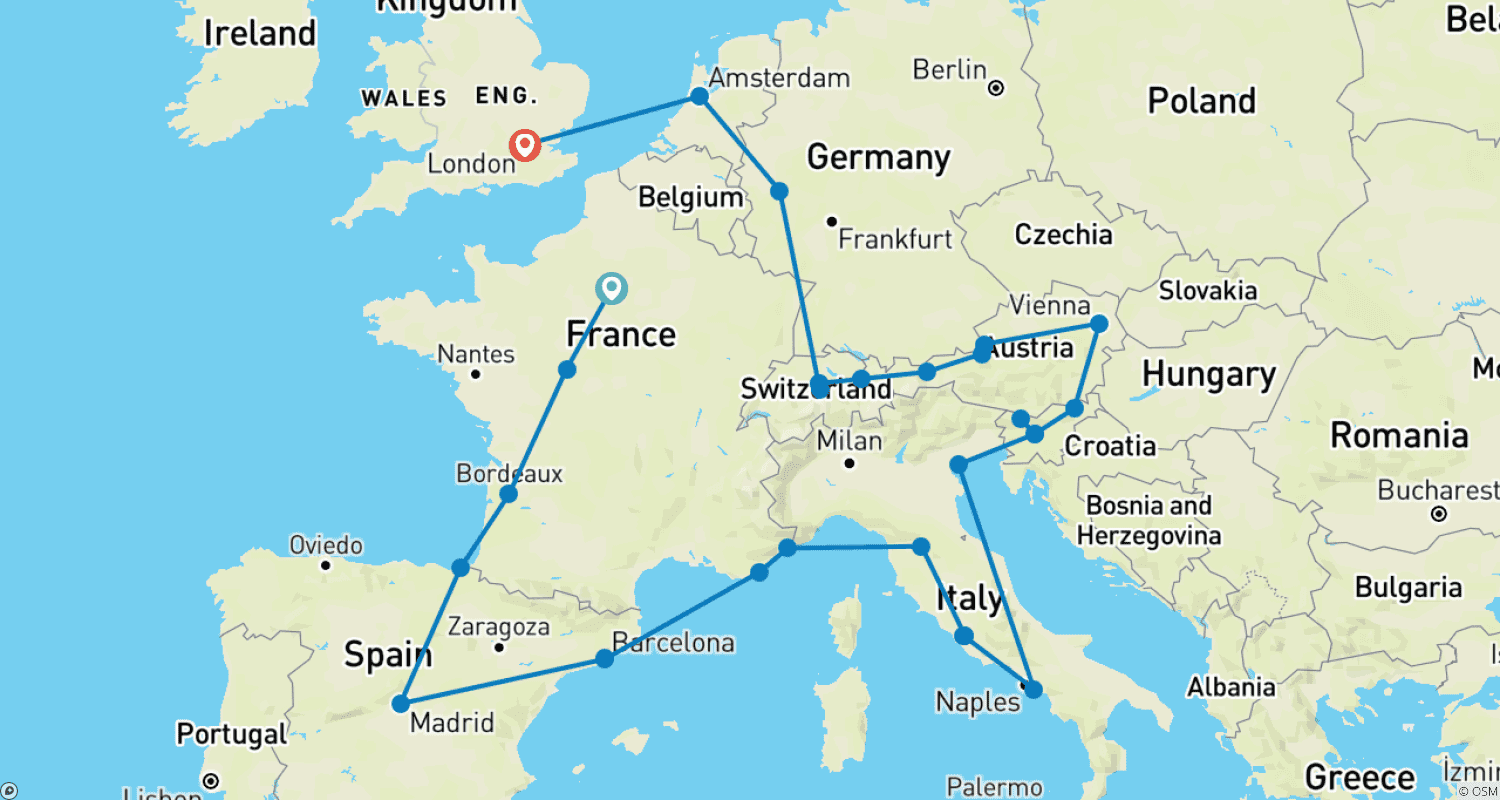 Mapa trasy: Europejska Wspaniałość (Klasyczna, Początek w Paryżu, Koniec w Londynie)