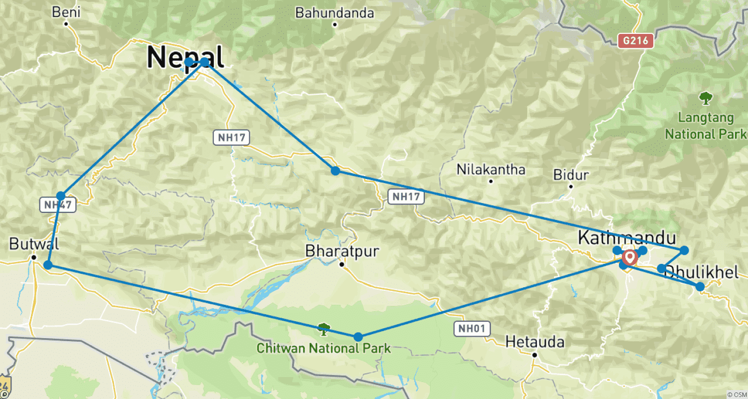 Mapa trasy: Wycieczka po najważniejszych atrakcjach Nepalu - 12 dni