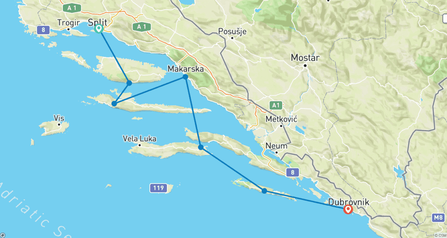 Mapa trasy: REJS PO CHORWACJI - Split do Dubrownika (Odkrycie Południa)