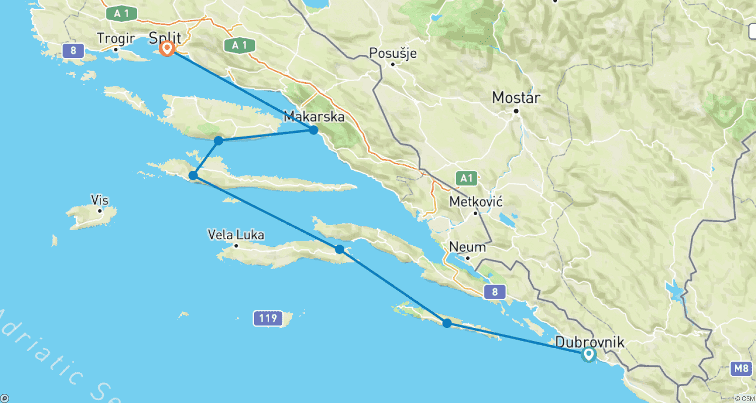 CROATIA SAIL - ドゥブロヴニクからスプリットへ(北の探検者)のルートマップ