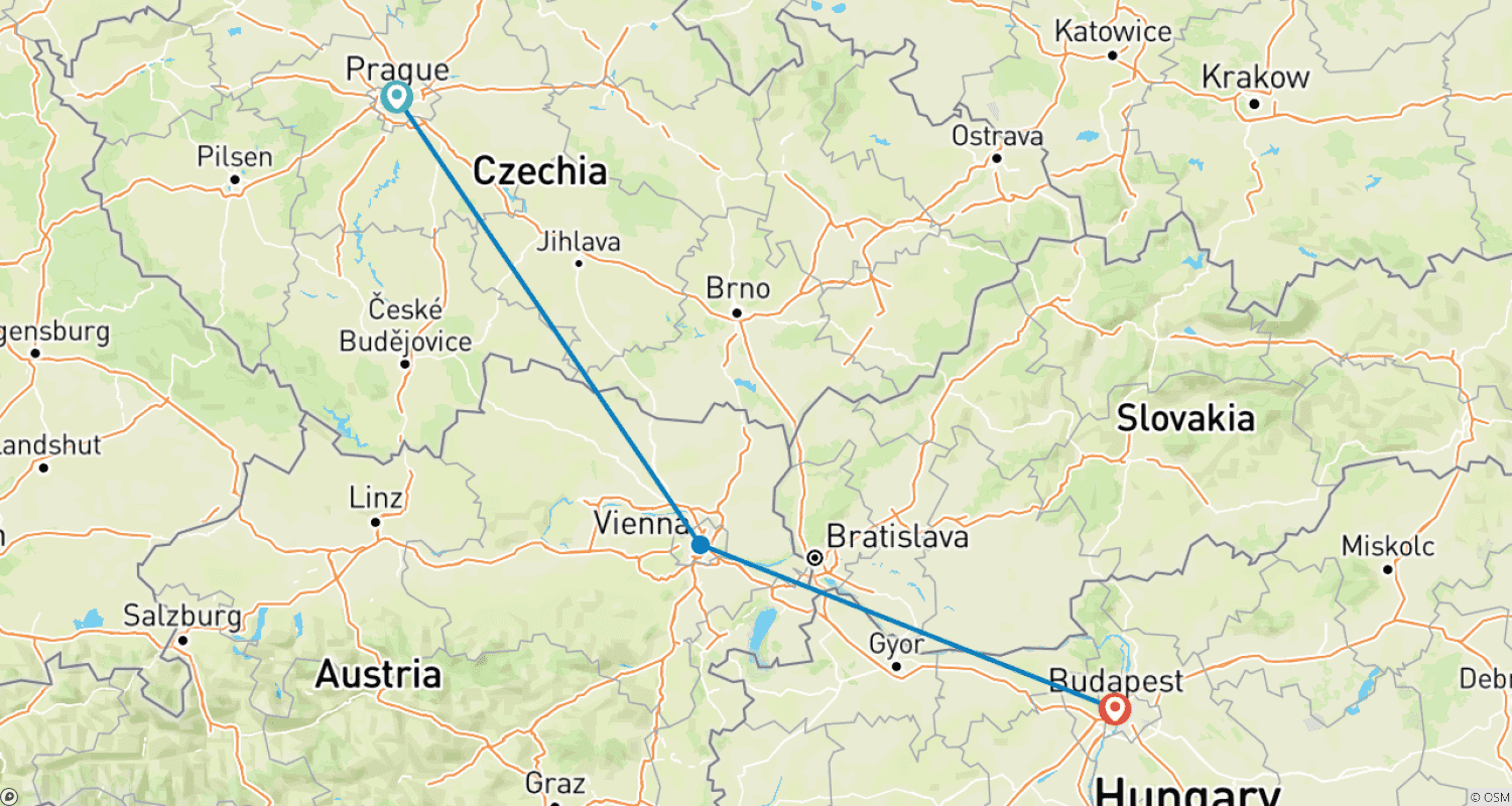 Mapa trasy: Praga, Wiedeń i Budapeszt
