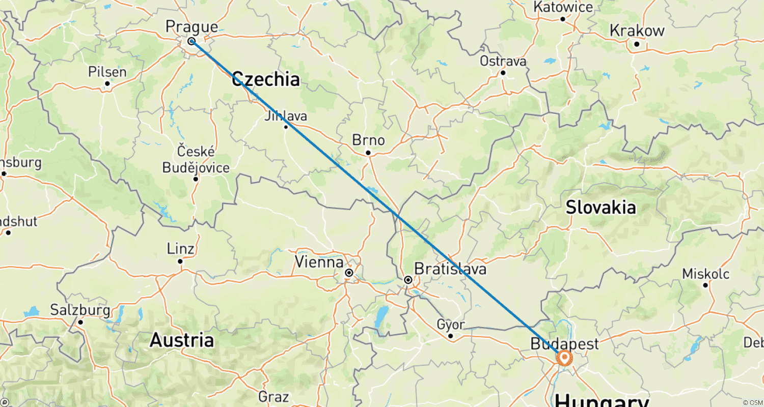 Mapa do percurso de Praga e Budapeste