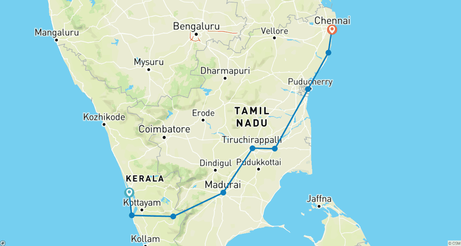 Mapa trasy: Magiczna Kerala z Urokliwym Tamil Nadu - Południowe Indie