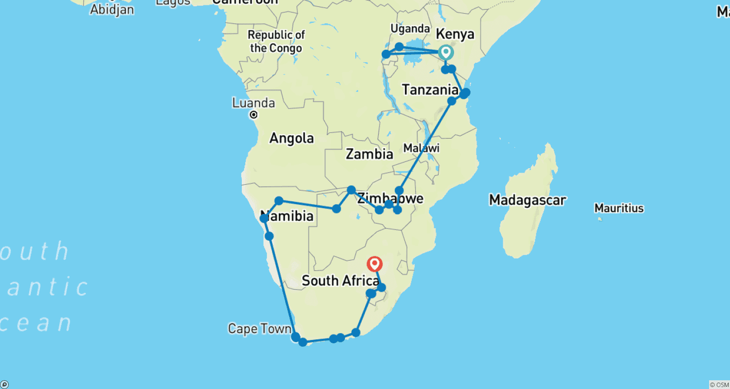 خريطة مسار Nairobi To Johannesburg (94 Days)